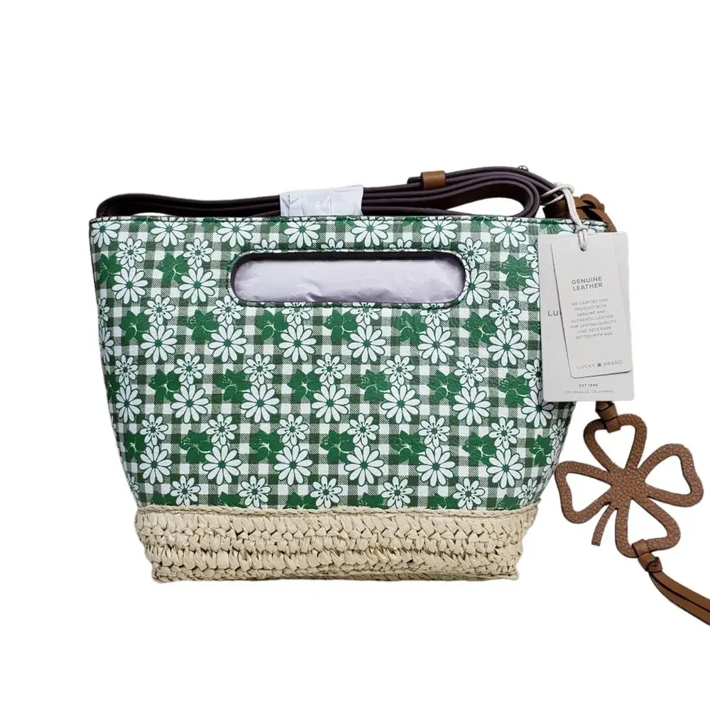 LUCKY BRAND Azon Leather/Raffia Crossbody Bag Green Tan NEW - Picture 6 of 10